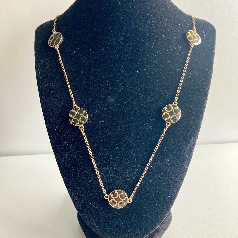 Gold-Tone Black Enamel Circle Link Necklace preloved
